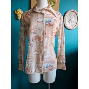 Vintage 70s novelty print dagger collar top sheer seashell fish butterfly print